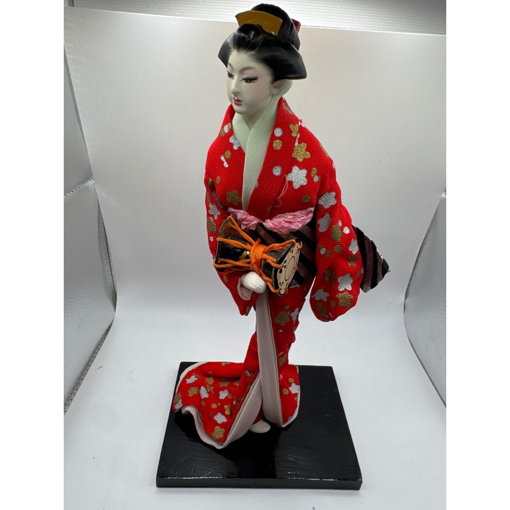 Vintage Japanese Geisha Doll Red Kimono Tsuzumi Drum Hand Painted Made in Japan